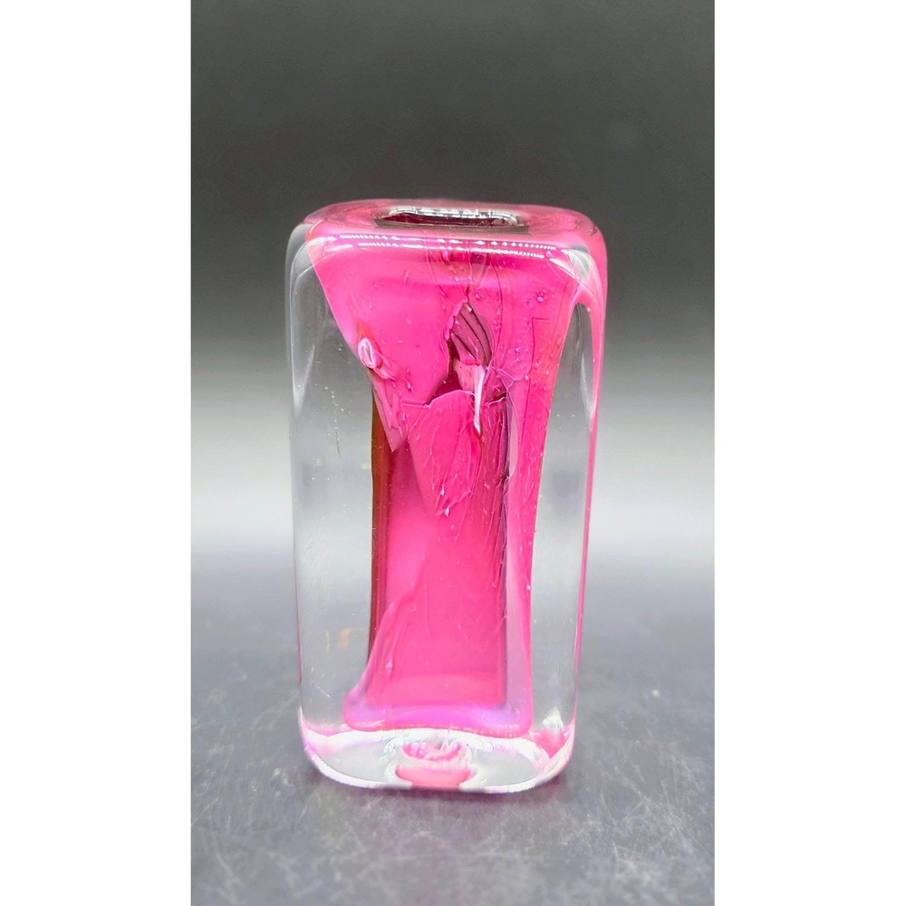 Vintage 1984 Signed Studio Art‎ Glass Magenta Pink Clear Rectangular Bud Vase 6"